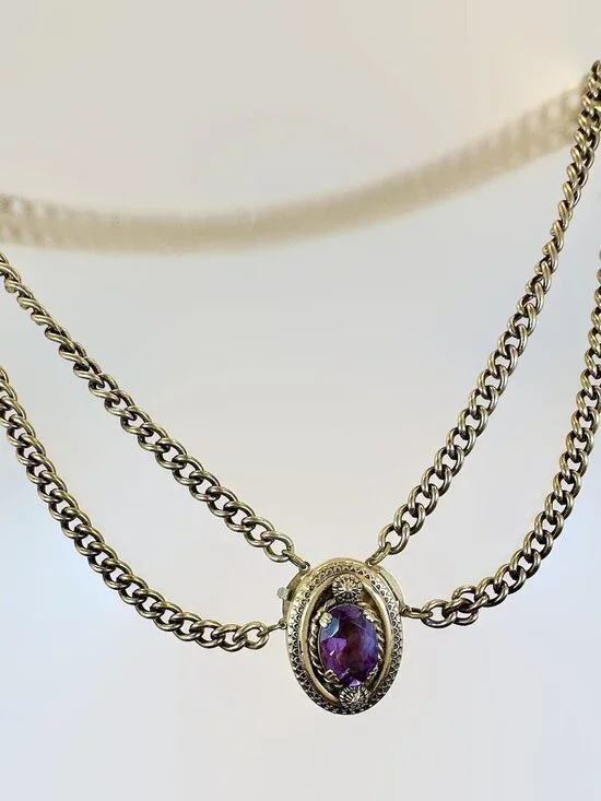 Vintage Necklace, Victorian Revival, Choker, Amethyst, Stone, Purple, Gold - Picture 5 of 8